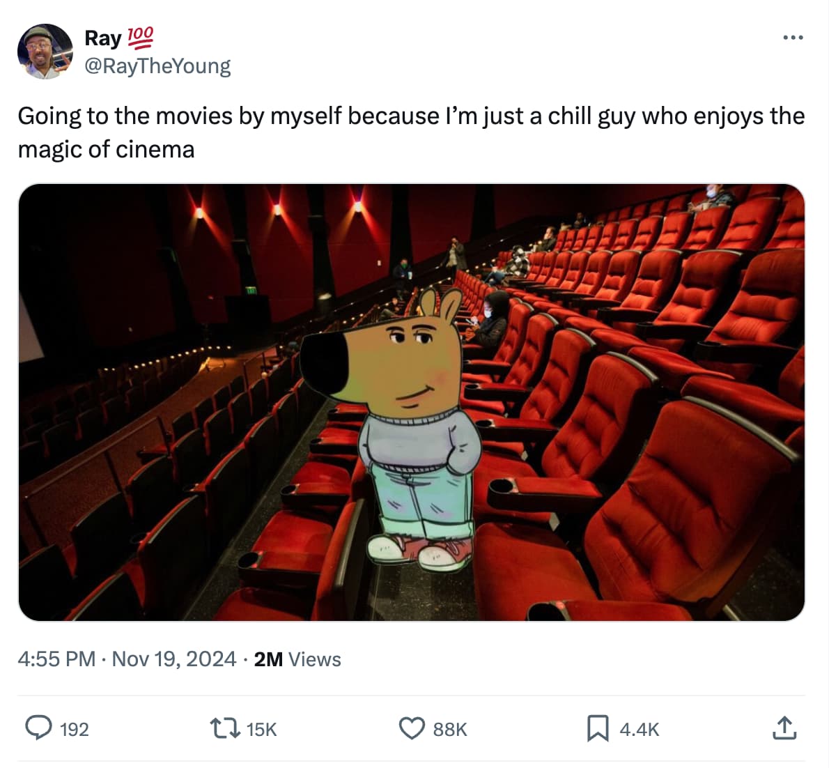 auditorium - Ray 100 Going to the movies by myself because I'm just a chill guy who enjoys the magic of cinema 2M Views 88K